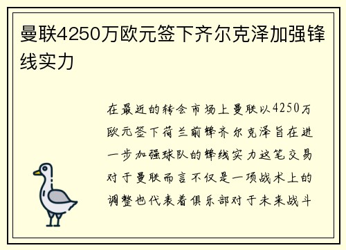 曼联4250万欧元签下齐尔克泽加强锋线实力